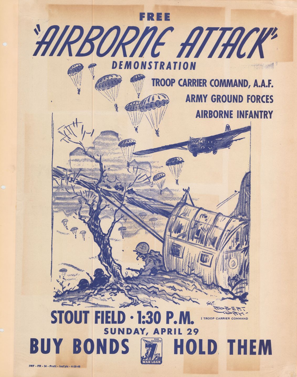 Poster advertising free "Airborne Attack" demonstration at Stout Field by the Troop Carrier Command, AAF; Army Ground Forces; and Airborne Infantry.
