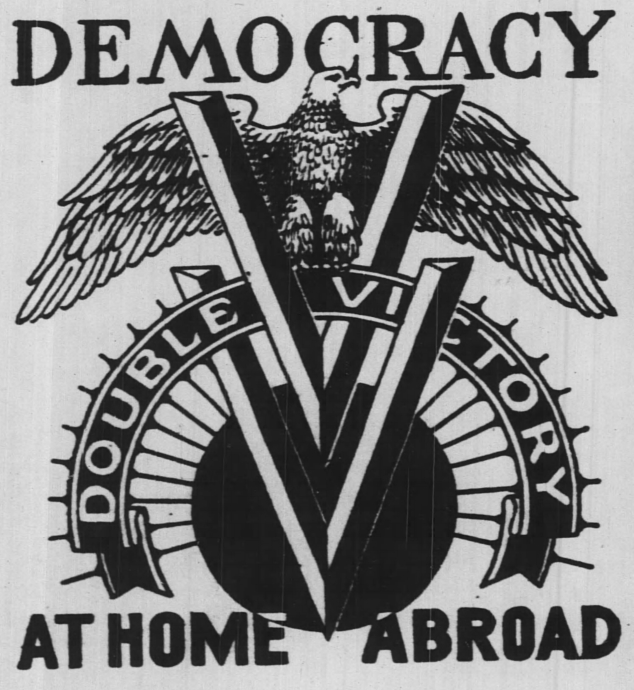 The Pittsburgh Courier, Saturday, February 21, 1942. The image displays an eagle with wings spread, centered in the angle of a capital "V" with another "V" below the first. The eagle is perched on a scroll reading "Double Victory."
